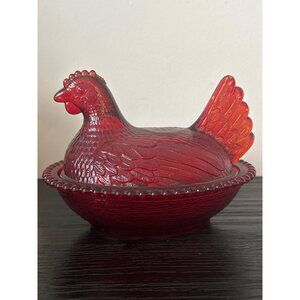 VTG Indiana Glass Ruby Red Glass Hen on Nest Dish Flashed Painted Farmhouse MCM